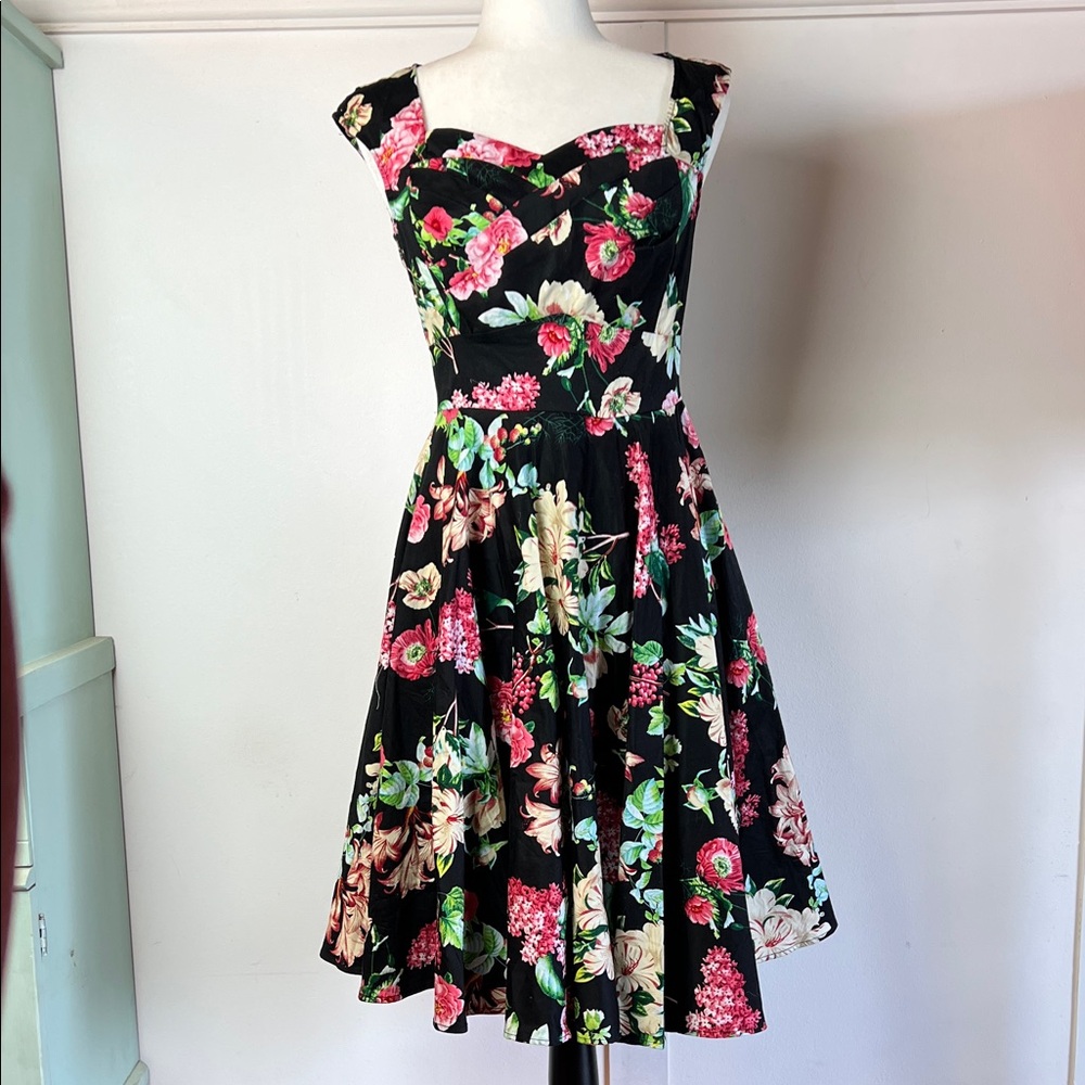 MISS LULO Black Floral Pinup Style Summer Dress with crossover front swing skirt